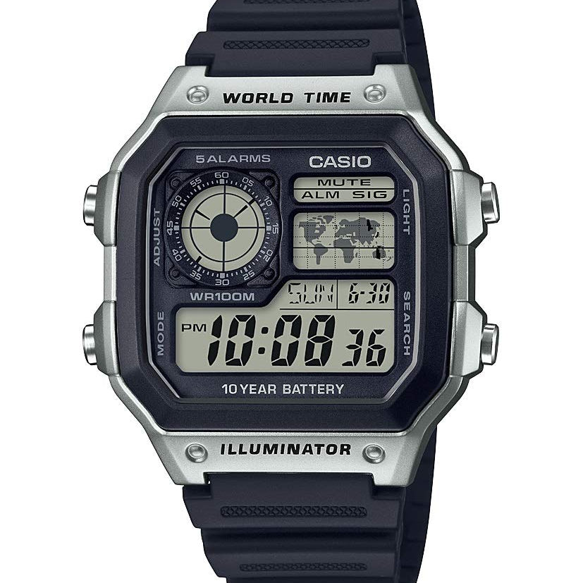 Casio AE1200WH Series | Men’s Digital Watch | 100M WR | Multi Alarms | 100 SEC Stopwatch | Countdown Timer | World Map for World Time | LED Light | LC Analog Display | 10 Year Battery