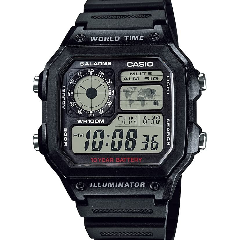 Casio AE1200WH Series | Men’s Digital Watch | 100M WR | Multi Alarms | 100 SEC Stopwatch | Countdown Timer | World Map for World Time | LED Light | LC Analog Display | 10 Year Battery