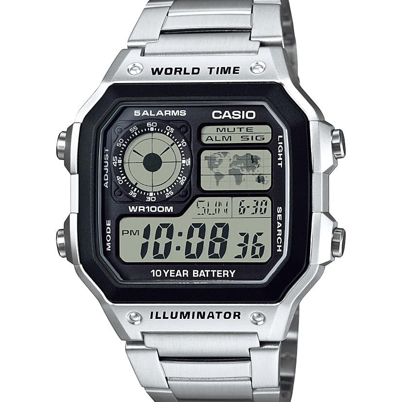 Casio AE1200WH Series | Men’s Digital Watch | 100M WR | Multi Alarms | 100 SEC Stopwatch | Countdown Timer | World Map for World Time | LED Light | LC Analog Display | 10 Year Battery